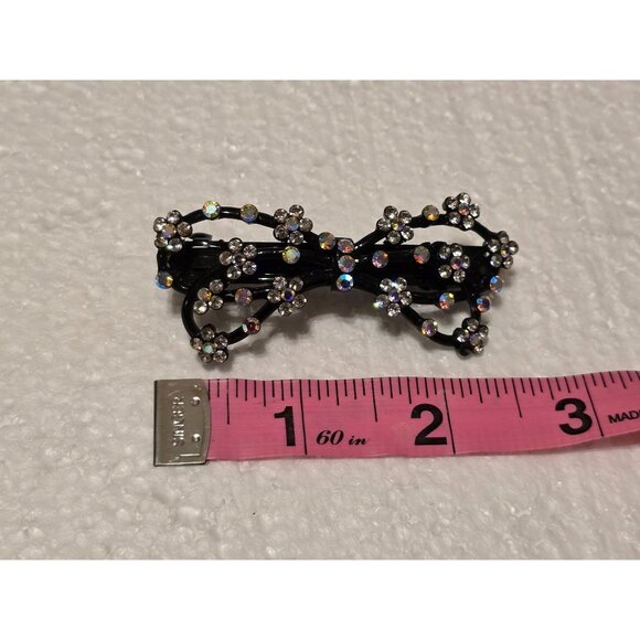 Rhinestone Black Metal Bow Hair Clip Barrette With Floral Design - Picture 3 of 3